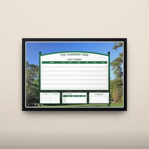 May include: A framed golf tournament scoreboard print featuring a white background with green borders and text. The board includes sections for YOUR TOURNAMENT NAME, SERIES STANDINGS, player handicaps, match standings, and a champion box.