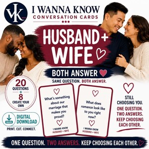 Puede incluir: Un conjunto de tarjetas de conversación I Wanna Know para descarga digital, que incluye 20 preguntas y 8 tarjetas en blanco. Las tarjetas presentan preguntas como What's something about our marriage that makes you proud? y What does romance look like to you right now? con un diseño en granate y azul marino.
