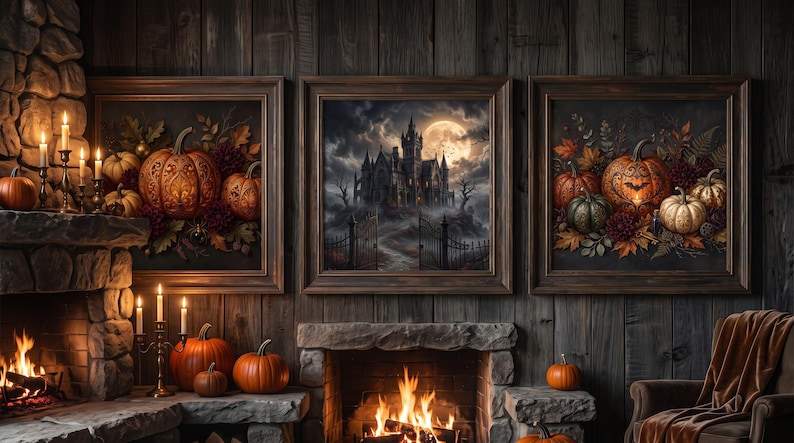 Halloween Wall Art Set of 3, Gothic Pumpkin Decor, Haunted Castle ...