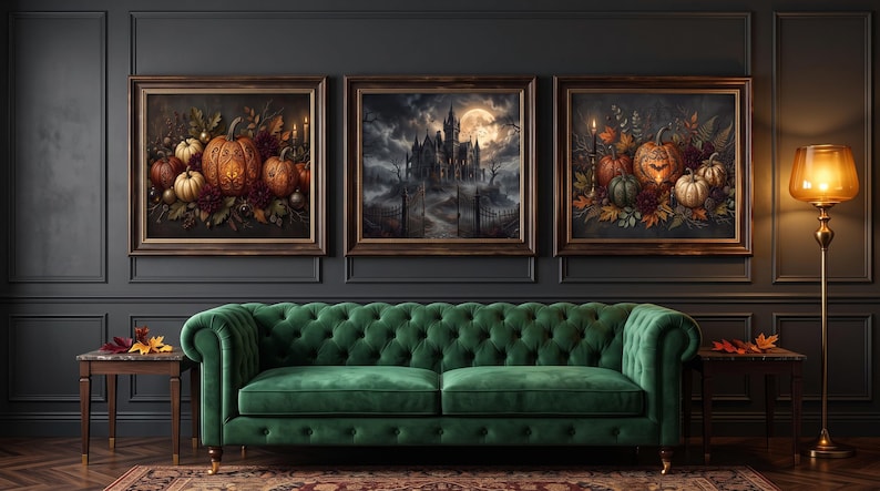 Halloween Wall Art Set of 3, Gothic Pumpkin Decor, Haunted Castle ...