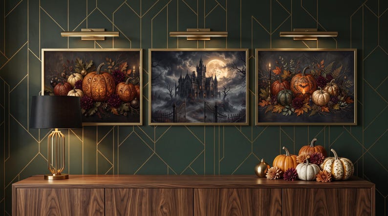 Halloween Wall Art Set of 3, Gothic Pumpkin Decor, Haunted Castle ...