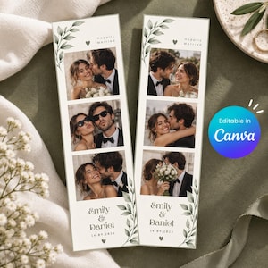 Op de afbeelding: Twee verticale fotostrips met drie gestapelde afbeeldingen van een koppel. Het ontwerp bevat groene aquarel bladeren, de tekst "Happily Married", "Emily & Daniel" en de datum "14.09.2026". Een blauwe cirkelvormige badge bevat de tekst "Editable in Canva".
