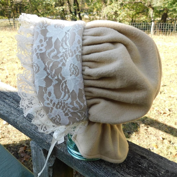 Tan polar fleece winter bonnet with lace trim, Amish winter bonnet, LDS trek, pioneer trek, polar fleece bonnet, winter hat, fleece hat
