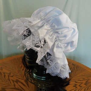 White lace bonnet, sleep cap, mop cap, muffin hat, Amish sleep bonnet, cotton bonnet, maid hat, Colonial mop cap, Pioneer trek, LDS trek