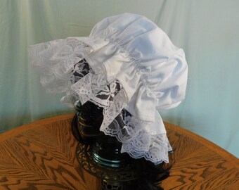 White lace bonnet, sleep cap, mop cap, muffin hat, Amish sleep bonnet, cotton bonnet, maid hat, Colonial mop cap, Pioneer trek, LDS trek