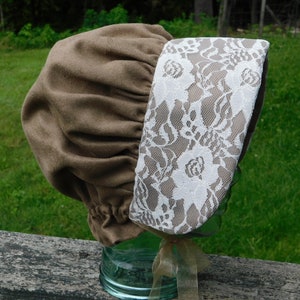 Suede Bonnet, lace, winter bonnet, tan bonnet, woman pioneer trek bonnet, formal bonnet, lace trim, winter hat, pioneer trek clothing,