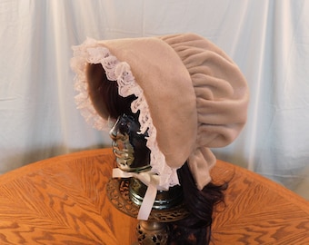 Amish winter bonnet, tan bonnet, lace trim, lace bonnet, winter bonnet, polar fleece bonnet, LDS trek, Pioneer trek, Mennonite bonnet, hat