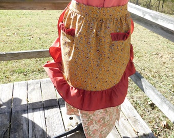 Vintage half apron, gold apron, red apron, woman's apron, half apron, country apron, prairie apron, 40's apron, 50's apron, frilly apron