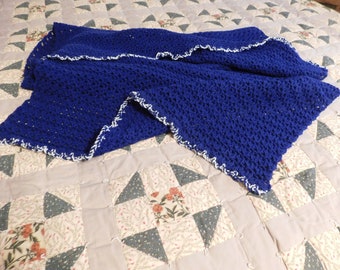 Blue Crochet Blanket, Handmade V Stitch Afghan, crochet throw