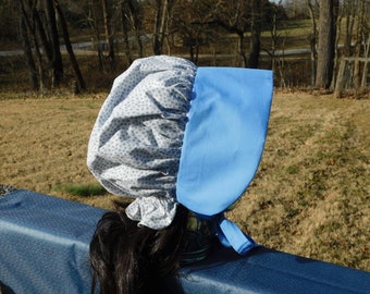 Blue two-tone bonnet, Amish bonnet, prairie, head covering, blue bonnet, cotton bonnet, frontier, pioneer, LDS trek, made in USA, hat, capp