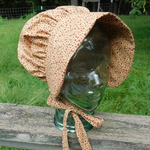 Tan print bonnet, flower bonnet, summer hat, garden hat, Amish bonnet, pioneer bonnet, LDS trek, Pioneer trek, prairie bonnet, frontier
