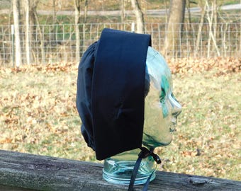 Black Puritan style pioneer bonnet, vintage style bonnet, Christian head covering