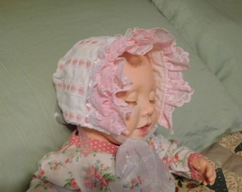 New born lace bonnet, white baby bonnet, pink satin, pink lace, girl baby bonnet, newborn baby bonnet, baby bonnet lots of lace, satin trim