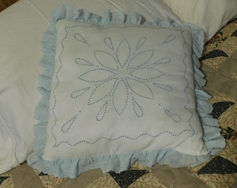 White pillow with blue candle wick, starburst design, swirl design, Hand stitched, candle wick, blue lace, embroidered pillow, needlework