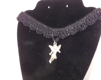 Black crochet choker, angel necklace, black glitter necklace, hand made necklace, crochet necklace, black glitter yarn, silver angel pendent