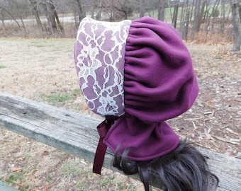 Grape wine bonnet, winter bonnet, winter hat, Amish winter bonnet, lace overlay, LDS trek, pioneer trek, polar fleece bonnet, handmade