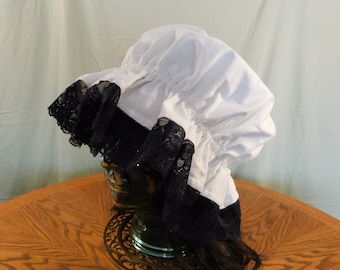 Navy lace, white mop cap, reversable bonnet, Amish sleep wear, prayer bonnet, French maid cap, muffin cap, lace bonnet, sleepwear, winter