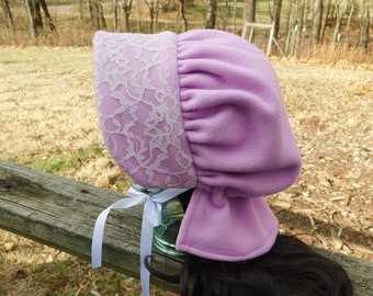 Lilac winter bonnet, Amish winter bonnet, Pioneer trek bonnet, LDS trek bonnet, lilac bonnet, fleece hat, polar fleece, winter hat, lilac