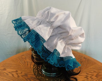 Teal lace mop cap, reversable mop cap, lace bonnet, pioneer trek, colonial bonnet, prayer bonnet, muffin cap, mob cap, sleep bonnet, hat