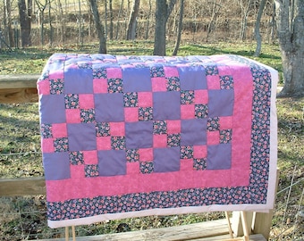 Pink and purple, four patch quilt, country quilt, patchwork quilt, country throw, top seller, Amish quilt, handmade quilt, winter blanket