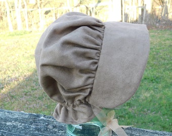 Suede Bonnet, winter bonnet, tan bonnet, woman pioneer trek bonnet, formal bonnet, woman hat, winter hat, pioneer trek clothing, handmade