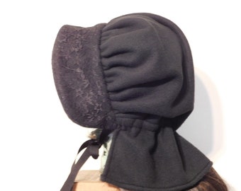 Black winter bonnet, lace bonnet, Amish winter bonnet, polar fleece hat, LDS trek, pioneer trek, prayer hat, winter bonnet, Victorian hat