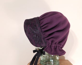Blackberry wine, polar fleece bonnet, lace bonnet, purple bonnet, winter bonnet, winter hat, Pioneer trek, LDS trek, fleece hat, eggplant