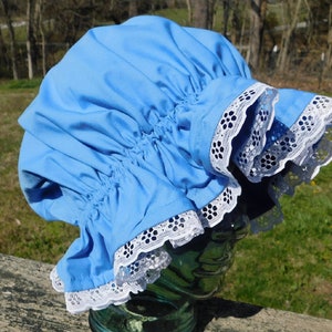 Amish blue mop cap, Colonial, Amish bonnet, night cap, garden hat, lace trim bonnet, mob cap, muffin cap, bath cap, Pioneer mop cap, sleep.