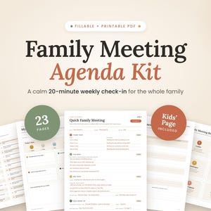 May include: A digital Family Meeting Agenda Kit featuring 23 pages of fillable and printable PDF templates. The documents include conversation starters, meeting agendas, and role cards with a clean layout in beige, green, and terracotta tones.