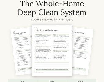 Può includere: Un set di documenti stampabili per la pulizia profonda intitolato The Whole-Home Deep Clean System. Sono visibili tre pagine, intitolate Primary Bedroom, Living Room and Family Room, e Fridge and Pantry, con 18 liste di controllo e 575+ attività.