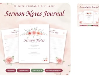 Sermon Notes Journal Printable, 52 Week Church Notes, Fillable PDF Bible Study Journal for Women, Christian Prayer Journal, Floral