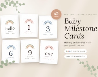 Baby Milestone Cards Printable, Monthly Photo Cards, First Year Growth Tracker, Fillable PDF, Boho Rainbow, Baby Shower Gift