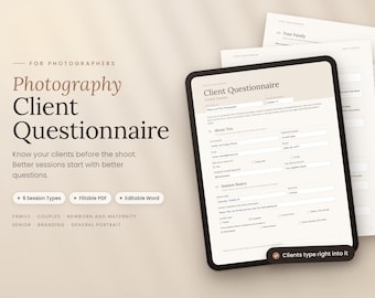 Photography Client Questionnaire Template, Fillable PDF and Editable Word, Photographer Intake Form for Family Newborn Senior Sessions