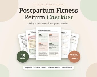 Postpartum Fitness Return Checklist, Postpartum Workout Tracker, C-Section and Vaginal Birth Recovery Exercise Plan, Fillable PDF