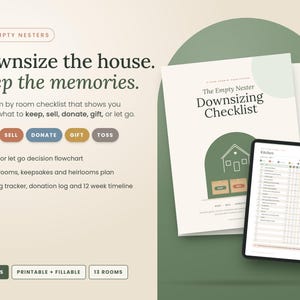 Empty Nester Downsizing Checklist, Keep Sell Donate Planner, Room by Room Declutter Workbook, Senior Moving Printable, Fillable PDF