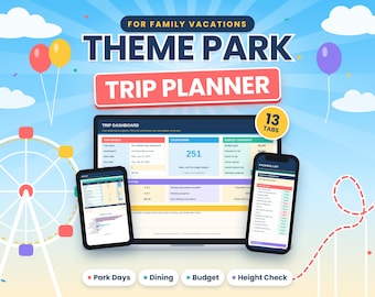 Theme Park Trip Planner Spreadsheet, Family Vacation Planner Excel Google Sheets, Park Day Itinerary, Dining Reservations, Budget Tracker