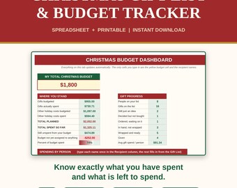 Christmas Gift List and Budget Tracker Spreadsheet, Excel and Google Sheets Holiday Budget Planner, Printable Christmas Shopping List