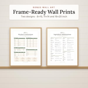 K&ouml;nnte beinhalten: Zwei gerahmte Wanddrucke mit Referenztabellen f&uuml;r die K&uuml;che. Der linke Druck tr&auml;gt den Titel Kitchen Conversions, der rechte den Titel Ingredient Substitutions. Der Text Bonus Wall Art Frame-Ready Wall Prints 8x10, 11x14 and 16x20 inch erscheint &uuml;ber den Drucken.