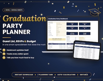 Graduation Party Planner Spreadsheet, Grad Party Guest List and RSVP Tracker, Party Budget Template, Excel Google Sheets, Open House