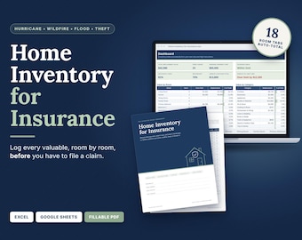Home Inventory Spreadsheet for Insurance, Hurricane Flood Wildfire Claim Prep, Excel Google Sheets Fillable PDF, Room by Room Tracker