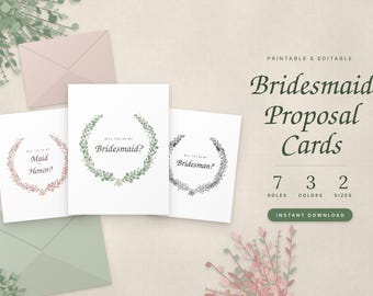 Bridesmaid Proposal Card Printable, Will You Be My Bridesmaid, Maid of Honor, Flower Girl, Bridesman Card, Fillable PDF, Sage Greenery