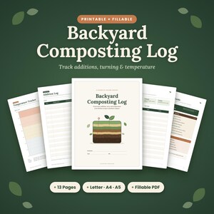 Peut inclure: Un ensemble de documents Backyard Composting Log imprimables et remplissables comprenant 13 pages aux formats Letter, A4 et A5. Les pages incluent un suivi de température, un journal d'ajouts et un guide avec un graphique de tas de compost.
