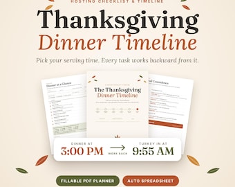 Thanksgiving Dinner Timeline Printable, Hosting Checklist, Turkey Cooking Schedule, Fillable PDF Planner + Auto Spreadsheet, Holiday Prep