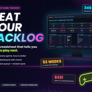 Könnte beinhalten: Eine digitale Videospiel-Tracker-Tabelle auf einem Monitor. Die Benutzeroberfläche zeigt ein Backlog Command Center-Dashboard mit Diagrammen, Spielstatistiken und Texten wie BEAT YOUR BACKLOG, 345 HRS, 53 WEEKS und $331 für ungespielte Spiele.