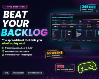 Video Game Backlog Tracker Spreadsheet, Gaming Library Tracker for Excel & Google Sheets, Playtime Log, Gamer Gift, Digital Download