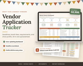 Vendor Application Tracker Spreadsheet, Craft Fair Planner for Market Vendors, Excel and Google Sheets Booth Fee and Show Profit Tracker