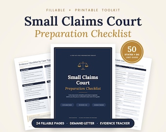 Small Claims Court Checklist, Fillable PDF Prep Toolkit, 50 State Limit Guide, Demand Letter Template, Evidence and Damages Tracker