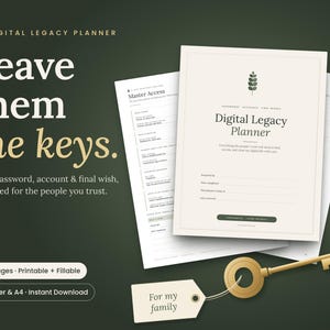 May include: A digital legacy planner document set with white pages featuring text including Digital Legacy Planner, Master Access, and Leave them the keys. A gold-coloured metal key with a white tag labelled For my family sits below the papers.