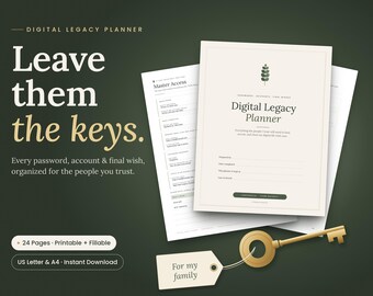Digital Legacy Planner Printable, Password Log for Executor, Estate Planning Binder, Account Organizer, Fillable PDF, Letter and A4