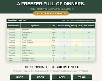 Freezer Meal Prep Planner Spreadsheet, Excel and Google Sheets Batch Cooking Planner with Auto Shopping List, Freezer Inventory Tracker
